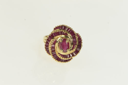 14K Oval Natural Ruby Swirl Halo Cocktail Ring Yellow Gold