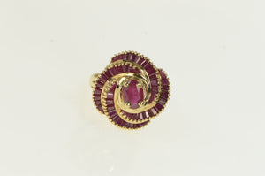 14K Oval Natural Ruby Swirl Halo Cocktail Ring Yellow Gold