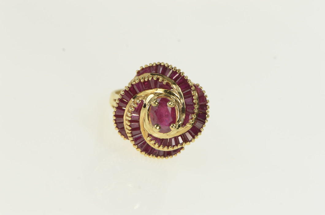 14K Oval Natural Ruby Swirl Halo Cocktail Ring Yellow Gold