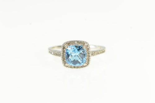 10K Cushion Blue Topaz Diamond Halo Ring White Gold