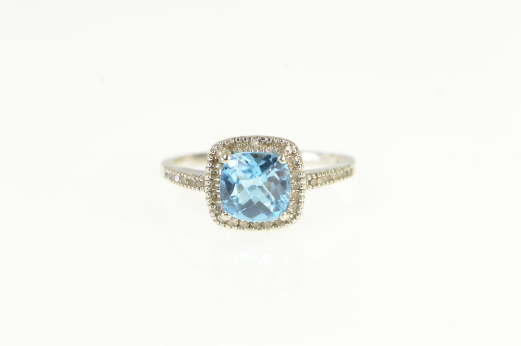 10K Cushion Blue Topaz Diamond Halo Ring White Gold