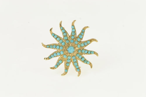 14K Victorian Turquoise Ornate Sun Flower Pin/Brooch Yellow Gold