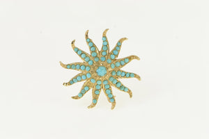 14K Victorian Turquoise Ornate Sun Flower Pin/Brooch Yellow Gold