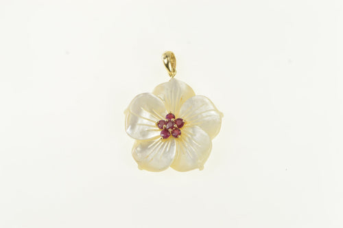 14K Mother of Pearl Ruby Carved Flower Pendant Yellow Gold
