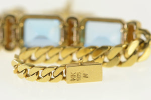 14K Emerald Cut Blue Topaz Diamond Chain Bracelet 7" Yellow Gold