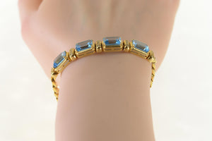 14K Emerald Cut Blue Topaz Diamond Chain Bracelet 7" Yellow Gold