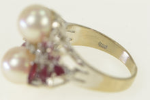 Load image into Gallery viewer, 18K 1950&#39;s Pearl Diamond Ruby Cluster Ring White Gold