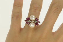 Load image into Gallery viewer, 18K 1950&#39;s Pearl Diamond Ruby Cluster Ring White Gold