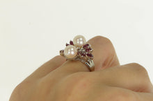 Load image into Gallery viewer, 18K 1950&#39;s Pearl Diamond Ruby Cluster Ring White Gold