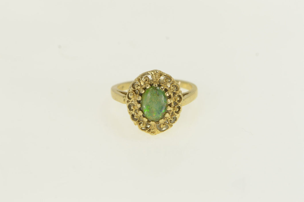 14K Retro Ornate Opal Doublet Statement Ring Yellow Gold