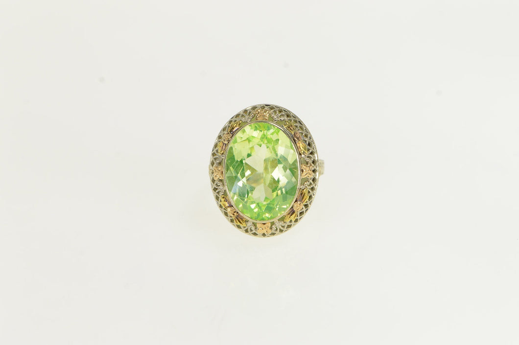 14K Filigree Lime Quartz Ornate Floral Ring White Gold