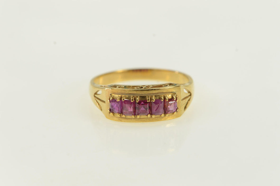 18K Emerald Cut Ruby Vintage Band Ring Yellow Gold