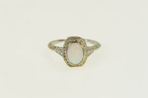 18K Art Deco Filigree Opal Diamond Ornate Ring White Gold