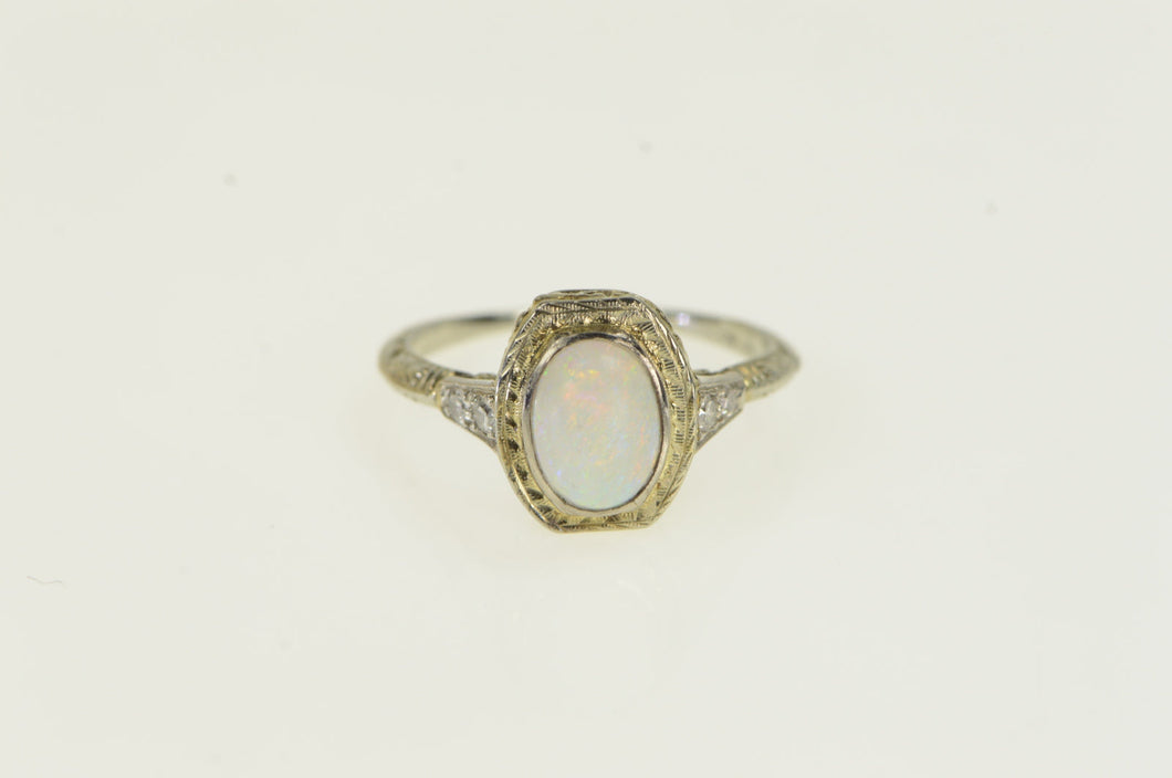 18K Art Deco Filigree Opal Diamond Ornate Ring White Gold