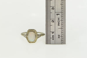 18K Art Deco Filigree Opal Diamond Ornate Ring White Gold