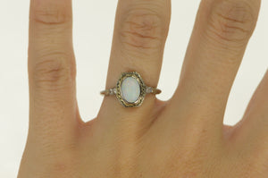 18K Art Deco Filigree Opal Diamond Ornate Ring White Gold