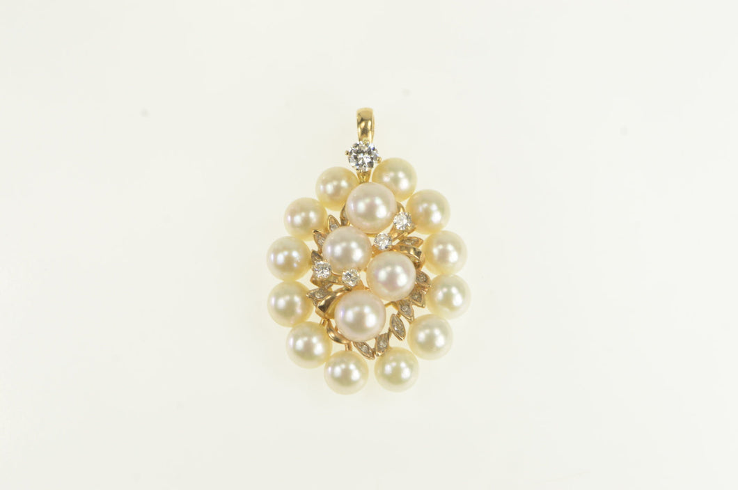 14K Vintage Pearl 0.59 Ctw Diamond Cluster Pendant Yellow Gold