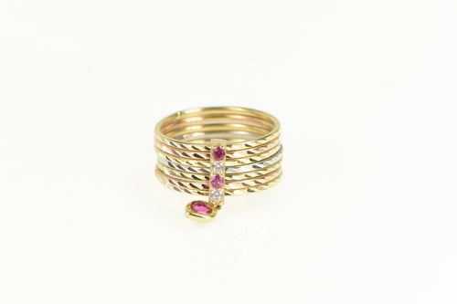 14K Oval Filigree CZ Syn Ruby Syn Emerald Ring Yellow Gold