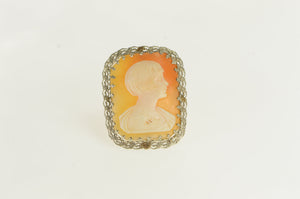 10K Art Deco Filigree Carved Shell Cameo Pin/Brooch White Gold