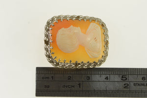 10K Art Deco Filigree Carved Shell Cameo Pin/Brooch White Gold