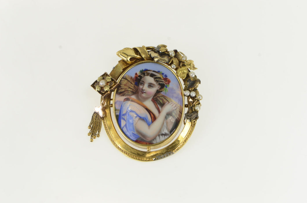 14K Victorian Painted Lady of the Harvest Pin/Brooch Yellow Gold