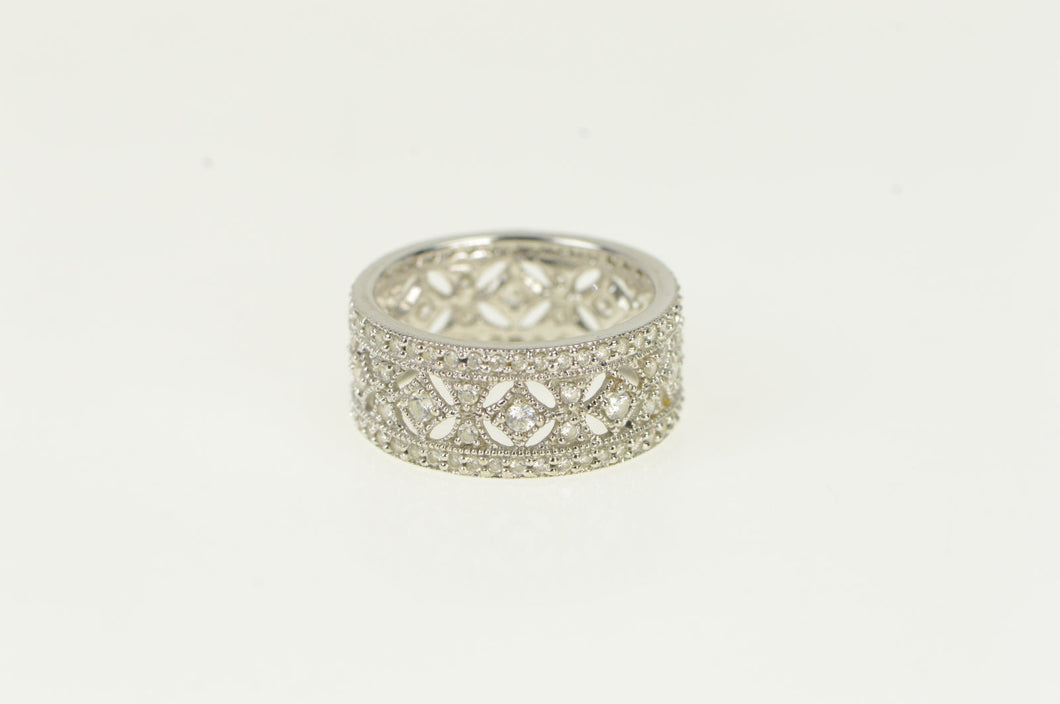 14K Pave Simulated Gemstone Encrusted Ornate Band Ring White Gold