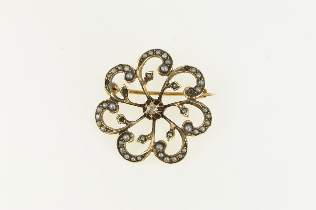 10K Victorian Diamond Seed Pearl Ornate Pin/Brooch Yellow Gold