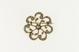 10K Victorian Diamond Seed Pearl Ornate Pin/Brooch Yellow Gold