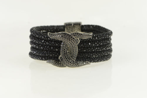 Sterling Silver Pave Black Diamond Knot Layered Band Bracelet 6.5