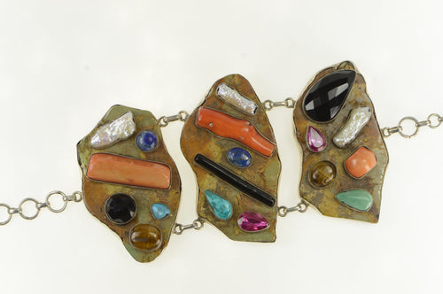 Sterling Silver Abstract Southwestern Stone Statement Bracelet 8.25