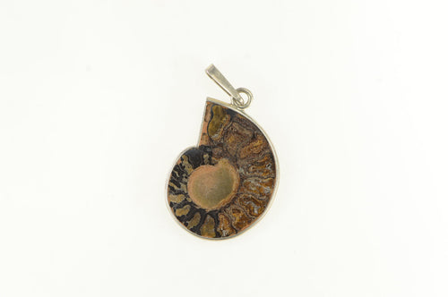 Sterling Silver Ammonite Fossil Shell Crystal Medallion Pendant