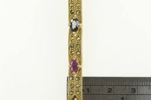 Load image into Gallery viewer, Sterling Silver Marcasite Syn. Ruby Syn. Emerald Bar Bracelet 7.25&quot;