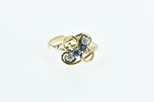 14K Sapphire Diamond Vintage Swirl Cluster Ring Yellow Gold