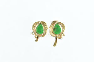 18K Pear Jade Diamond French Clip Stud Earrings Yellow Gold