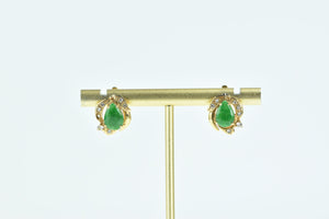 18K Pear Jade Diamond French Clip Stud Earrings Yellow Gold