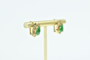 18K Pear Jade Diamond French Clip Stud Earrings Yellow Gold