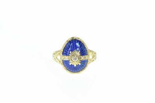 14K Oval Diamond Blue Enamel Egg Ring Yellow Gold