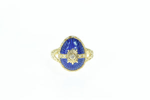 14K Oval Diamond Blue Enamel Egg Ring Yellow Gold