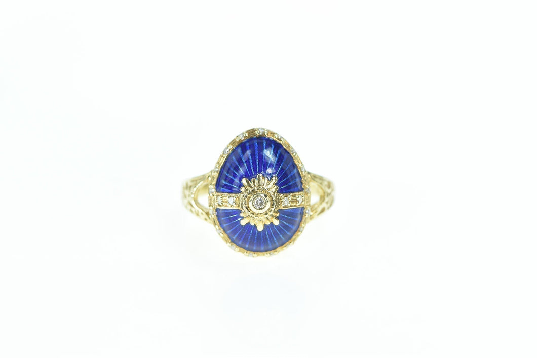 14K Oval Diamond Blue Enamel Egg Ring Yellow Gold