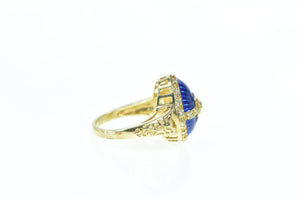 14K Oval Diamond Blue Enamel Egg Ring Yellow Gold