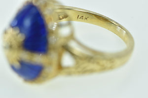 14K Oval Diamond Blue Enamel Egg Ring Yellow Gold