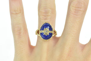 14K Oval Diamond Blue Enamel Egg Ring Yellow Gold