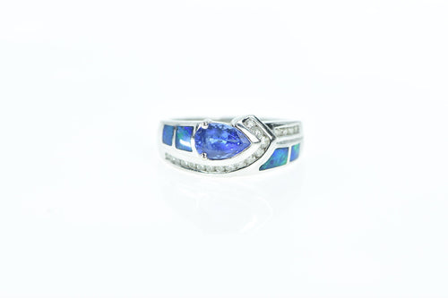 14K Pear Tanzanite Diamond Opal Vintage Ring White Gold