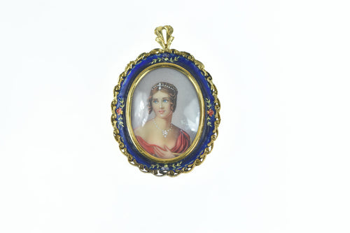 18K Victorian Painted Lady Ornate Enamel Pendant/Pin Yellow Gold