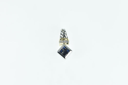 14K Princess Sapphire Diamond Squared Pendant White Gold