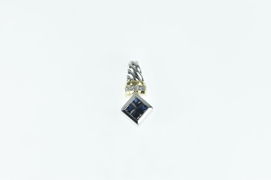 14K Princess Sapphire Diamond Squared Pendant White Gold