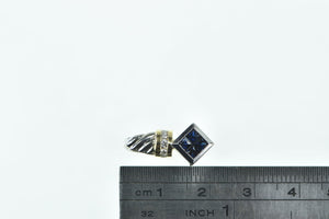 14K Princess Sapphire Diamond Squared Pendant White Gold