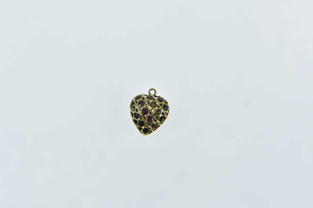 21K Pave Sapphire Ruby Peridot Heart Charm/Pendant Yellow Gold