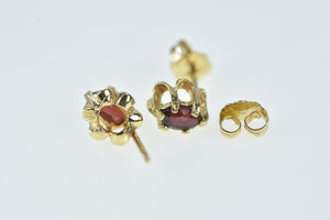 14K Oval Garnet Ornate Vintage Solitaire Stud Earrings Yellow Gold