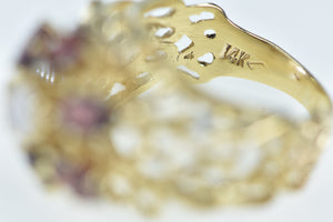 14K Opal Garnet Halo Cocktail Heart Filigree Ring Yellow Gold